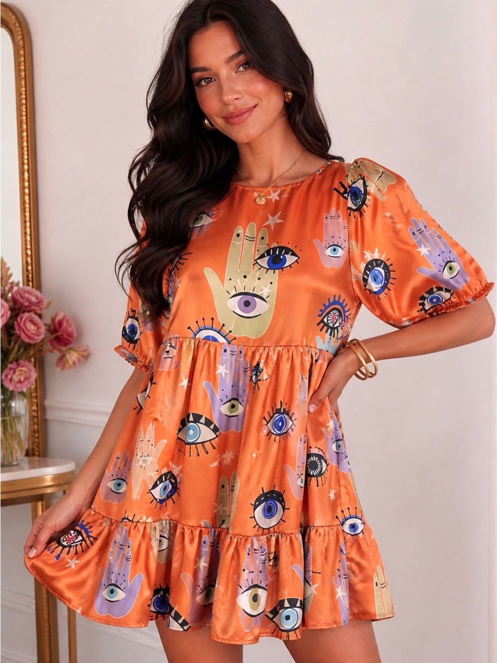 Bululu Resort Orange Eye Print Mini Dress XS Boho Festival